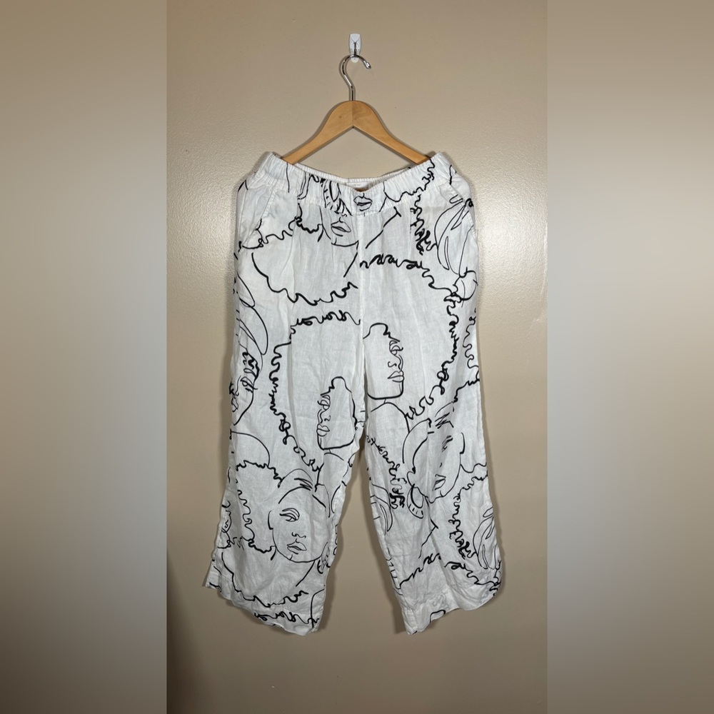 House of Harlow 1960 Linen Wide Leg Abstract Face Print Pants